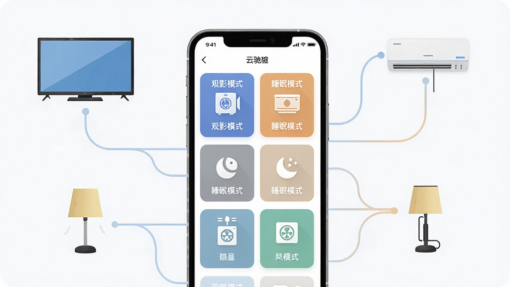一张展示云驰遥控场景模式的概念图,画面主体是一部手机,屏幕上显示着“观影模式”“睡眠模式”等场景卡片,卡片上有对应的家电图标,布局为网格状,风格为清新扁平化,细节包括手机周围有电视、空调、灯光等元素以柔和线条连接,画质高清,干净,无多余元素。