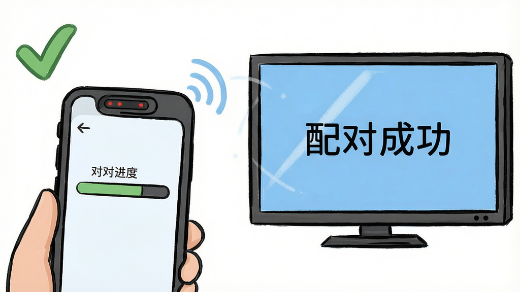 一张展示云驰遥控新手操作的示意图,画面主体是一部手机和一台电视,手机顶部红外口对准电视,手机屏幕上显示着配对进度条,布局为左右结构,风格为卡通手绘,细节包括手机旁有一个勾选标记,电视屏幕显示“配对成功”字样,画质高清,干净,无多余元素。