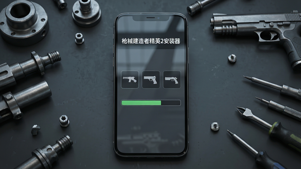 画面中央放置一部智能手机,手机屏幕显示“枪械建造者精英2安装器”的安装进度界面,界面包含枪械零件图标与进度条,背景是深灰色工业风格工作台,台面上散落金属枪械零件与工具,整体布局居中对称,风格写实科技感,细节包含螺丝纹理与屏幕反光,画质清晰,干净,无多余元素