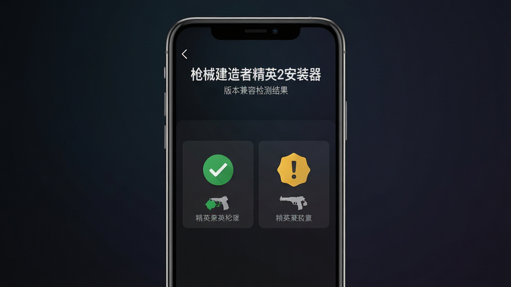 手机屏幕显示“枪械建造者精英2安装器”的版本兼容检测结果页面,页面中有绿色对勾与黄色感叹号图标,背景为深色渐变,主体为手机界面,布局居中,风格现代简约,细节包含状态图标与文字说明,画质清晰,干净,无多余元素