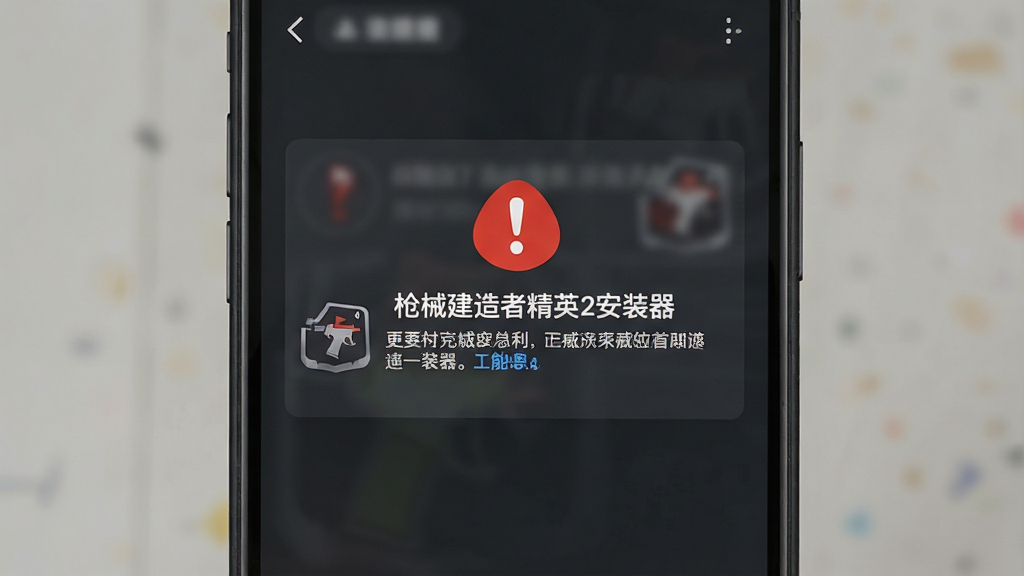 手机屏幕显示“枪械建造者精英2安装器”的错误提示页面,页面中有红色感叹号图标与文字说明,背景为深灰色,主体为手机界面,布局居中,风格简洁警示,细节包含图标与文字,画质清晰,干净,无多余元素
