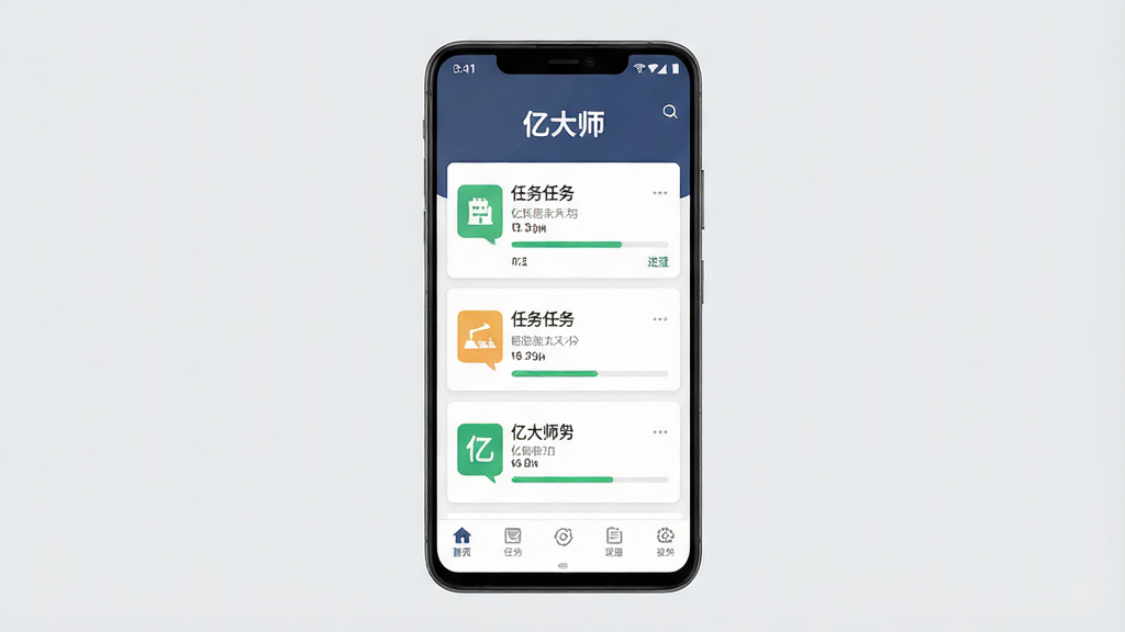 一张展示亿大师手机应用主界面的预览图,画面中央是一部竖屏安卓手机,屏幕内显示亿大师App的首页,顶部有“亿大师”文字标识,中部为施工任务卡片列表,底部为功能导航栏,背景为浅灰色简洁风格,整体布局清晰,细节包含任务图标与进度条,画质高清干净无多余元素