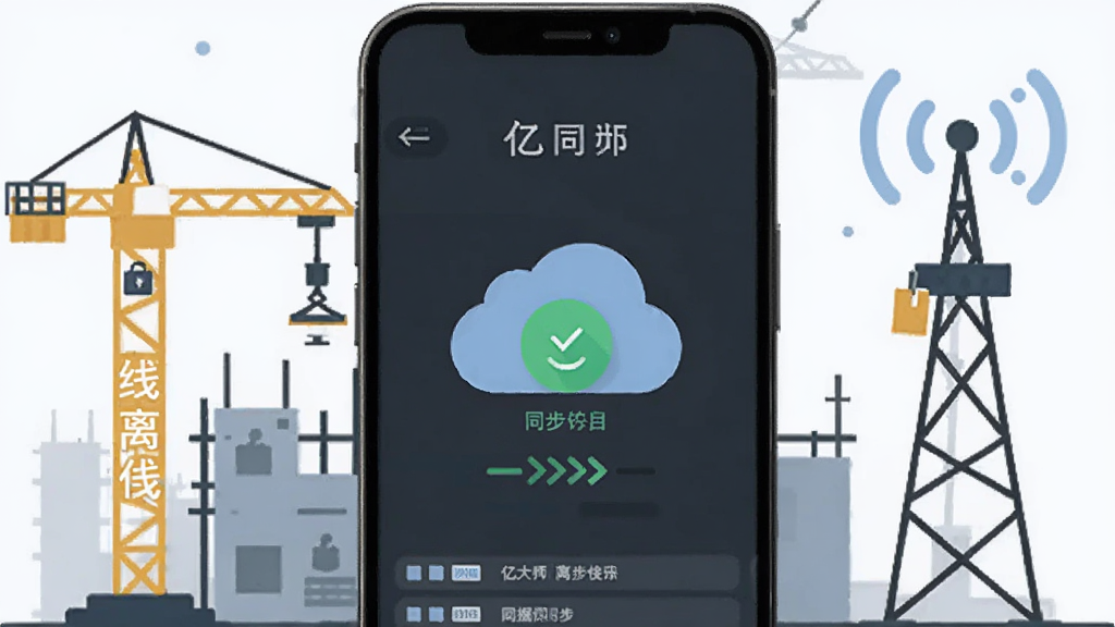 一张展示亿大师离线使用与数据同步概念的图片,画面为手机屏幕显示同步状态图标与云朵图案,背景为工地与信号塔的简化插画,风格现代简约,细节包含离线标识、同步箭头与数据条目,画质清晰干净无多余元素