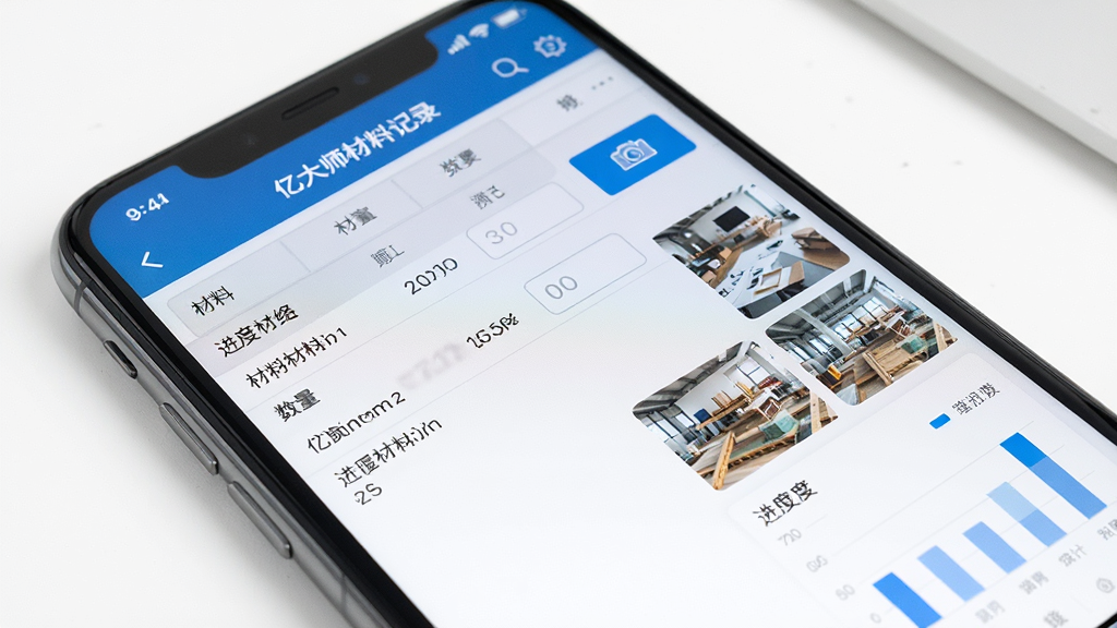 一张展示亿大师材料记录与进度上报界面的图片,画面为手机屏幕特写,屏幕内显示材料清单表格与进度照片缩略图,背景为干净的白色桌面,风格简洁商务,细节包含数量输入框、拍照按钮与统计图表,画质清晰干净无多余元素