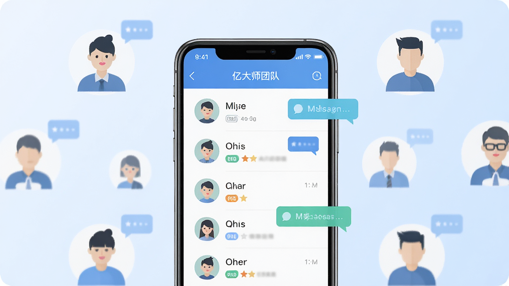 一张表现亿大师团队协作功能的示意图,画面中央是一部手机显示成员列表与通知消息界面,周围环绕多个简化的人物图标,背景为淡蓝色渐变,风格扁平化科技感,细节包含头像、角色标签与消息气泡,画质高清干净无多余元素
