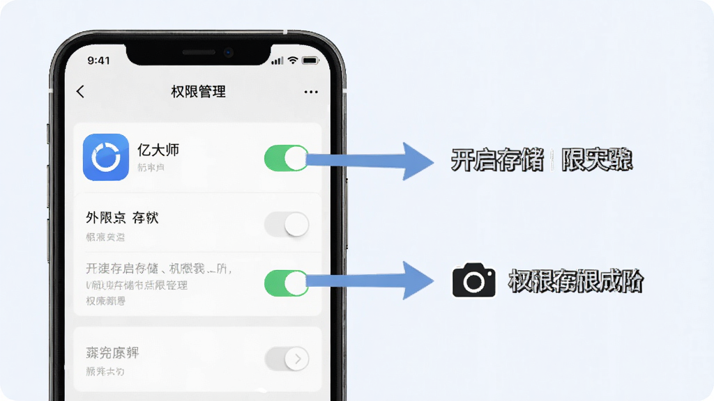 一张展示亿大师安装与权限设置步骤的示意图,画面为手机屏幕显示权限管理界面,旁边有箭头指示开启存储与相机权限,背景为浅色简洁风格,细节包含权限开关、应用图标与提示文字,画质高清干净无多余元素