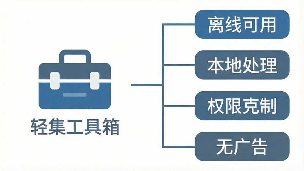 一张信息图风格画面,左侧是“轻集工具箱”图标,右侧用简洁线条连接出“离线可用”“本地处理”“权限克制”“无广告”四个标签,背景为白色,图标和文字使用蓝灰配色,整体排版整齐,风格干净商务,画质清晰,无多余装饰元素