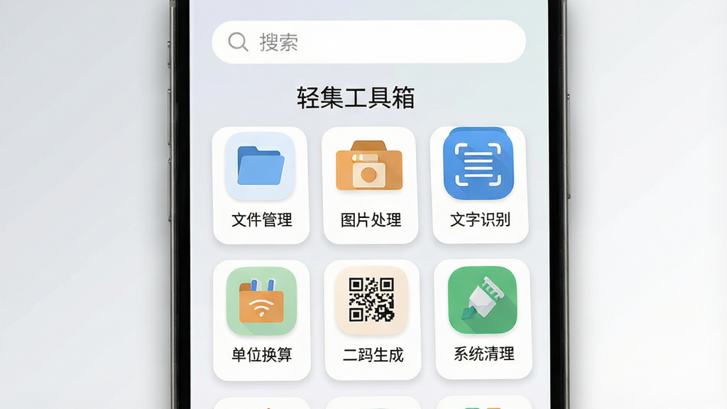 一张手机屏幕正面视图,画面中央显示“轻集工具箱”应用主界面,界面采用浅色卡片式布局,顶部有搜索框,下方整齐排列文件管理、图片处理、文字识别、单位换算、二维码生成、系统清理六个功能图标,图标为扁平化圆角设计,整体风格清爽简洁,背景为浅灰到白色的渐变,手机周围有轻微阴影,画质清晰,干净无多余元素
