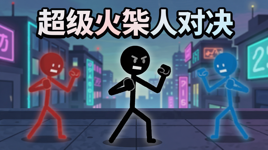 画面中央展示一个黑色火柴人摆出格斗起手式,背景是城市天台与霓虹灯光,左右两侧分别有红色与蓝色火柴人虚影作为对手,整体采用扁平卡通风格,线条干净利落,画面中上方用醒目字体写着