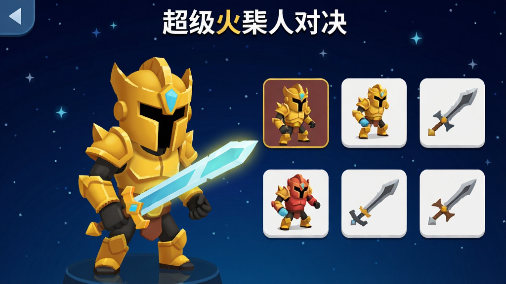 火柴人角色展示界面,角色身穿金色铠甲手持发光长剑,旁边陈列多款皮肤图标与武器模型,背景是深蓝色星空,界面带有