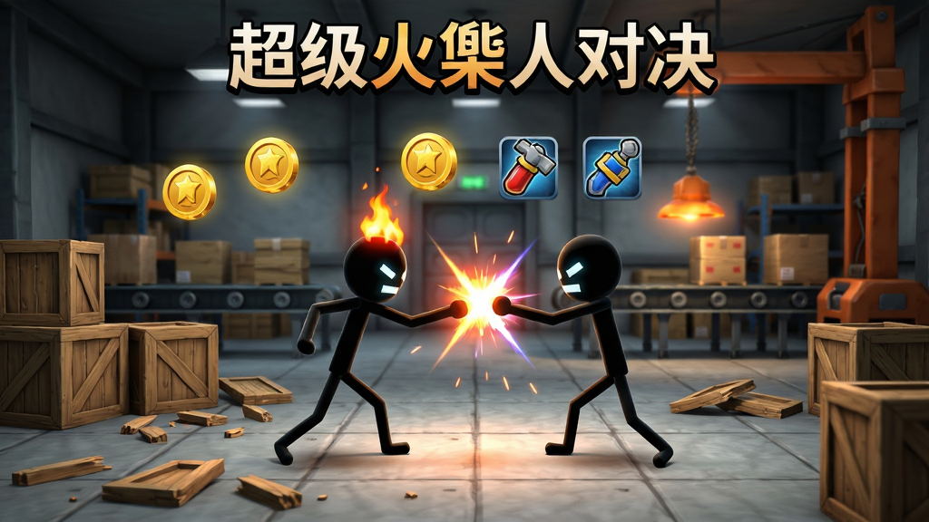 火柴人在仓库场景中对战,地面散落木箱碎片,空中漂浮金币与道具图标,背景有传送带与吊车,画面中央两个火柴人正在交锋,顶部显示