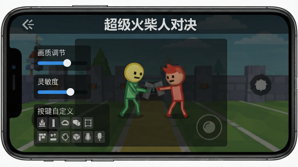 手机屏幕显示超级火柴人对决的设置界面,包含画质调节、灵敏度滑块、按键自定义布局等选项,背景为深色半透明面板,界面文字清晰,扁平化UI风格,画面中带有