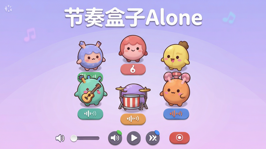 节奏盒子Alone软件主界面全景展示,画面中央是七个圆润可爱的卡通角色围成一圈,每个角色下方带有不同的乐器图标和音效按钮,背景为柔和的浅紫色渐变,顶部显示软件名称“节奏盒子Alone”白色圆体字,底部排列着音量调节、播放控制和录制按钮,整体风格清新明快,细节丰富,画质清晰干净,无多余元素