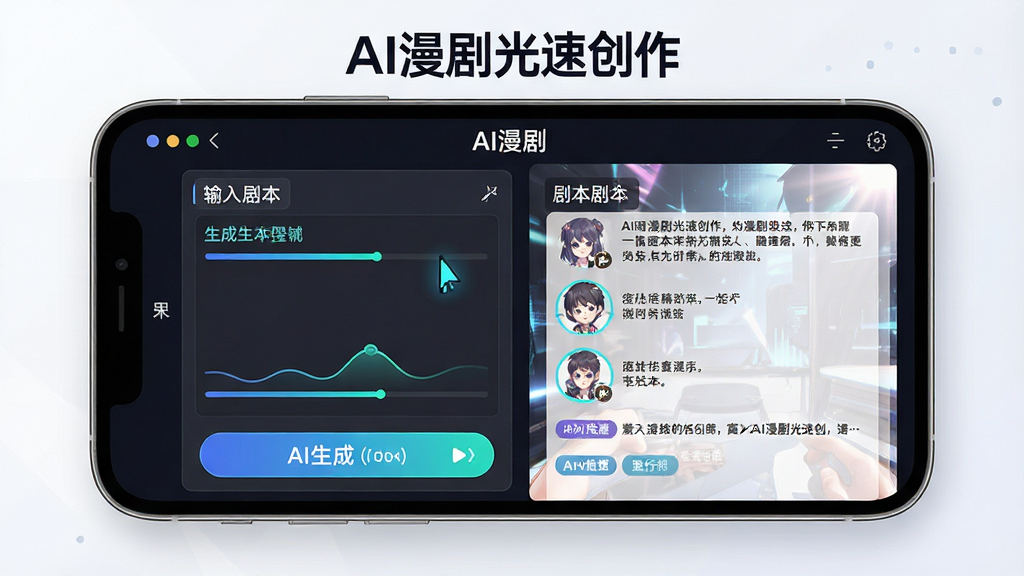 AI������ٴ������ܾ籾���ɽ��棬����Ϊ�ֻ���Ļ����ʾ�籾�༭����AI���ɰ�ť������Ϊ����������Ҳ���������Ű����·ֲ㣬���Ϊ��Լ�Ƽ��磬ϸ�ڰ������ֹ�ꡢ���ɽ��ȶ������籾�������ɫ��ǩ����������������ɾ����޶���Ԫ�أ�ͼ������Ϊ