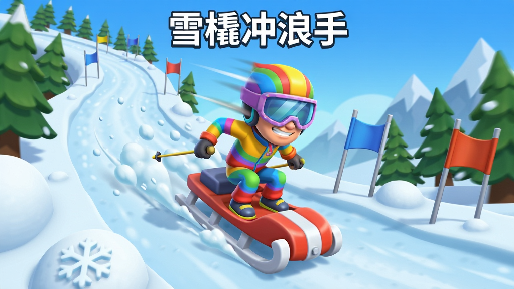 画面中央是一位身穿彩色滑雪服的卡通角色,站在红白相间的雪橇上,沿着弯曲的雪道从画面左上方冲向下方,雪道两侧有松树、雪堆和彩色旗门,背景是蓝天与雪山,画面采用竖版手游宣传图布局,顶部留白处放置“雪橇冲浪手”文字,风格为明亮卡通3D渲染,细节包括飞溅的雪花、速度线和角色自信表情,画质清晰干净,无多余元素,整体构图动感且聚焦主体。