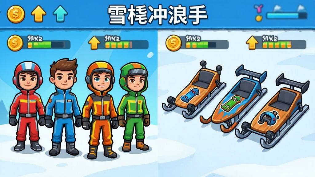 画面左侧展示四位卡通角色并排站立,分别穿着不同颜色滑雪服,右侧展示三辆可改装的雪橇,雪橇上标有滑板、尾翼、抓地力等图标,画面采用左右分栏布局,顶部有“雪橇冲浪手”文字,风格为明亮卡通UI展示,细节包括金币图标、升级箭头和属性条,画质清晰干净,无多余元素,突出角色与雪橇的个性化养成。