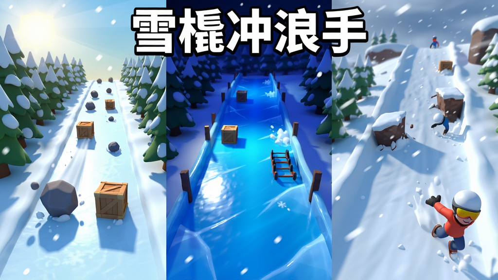 画面展示三条并排的雪道场景,左侧是清晨松林雪道,中间是夜间蓝色冰湖赛道,右侧是暴风雪中的陡坡,每条雪道上都有不同的障碍物如滚石、木箱和断崖,画面采用横向对比布局,顶部有“雪橇冲浪手”文字,风格为卡通3D场景展示,细节包括飘雪、反光冰面和动态阴影,画质清晰干净,无多余元素,突出多样赛道与障碍变化。