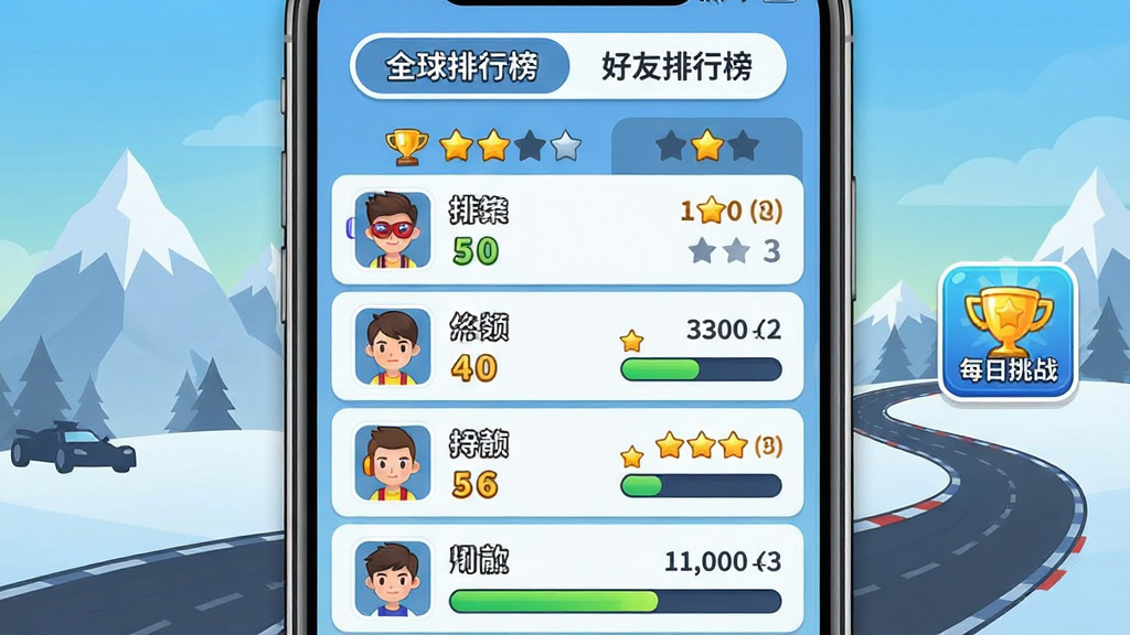 手机屏幕中央显示排行榜列表,顶部有“全球排行榜”和“好友排行榜”切换按钮,下方列出玩家头像、昵称、分数和名次,屏幕右侧有每日挑战入口图标,背景是雪山与赛道剪影,整体采用竖版手游界面布局,风格为清爽卡通UI,细节包括金色奖杯、星级评分和进度条,画质干净清晰,无多余元素,突出竞争与每日目标感。