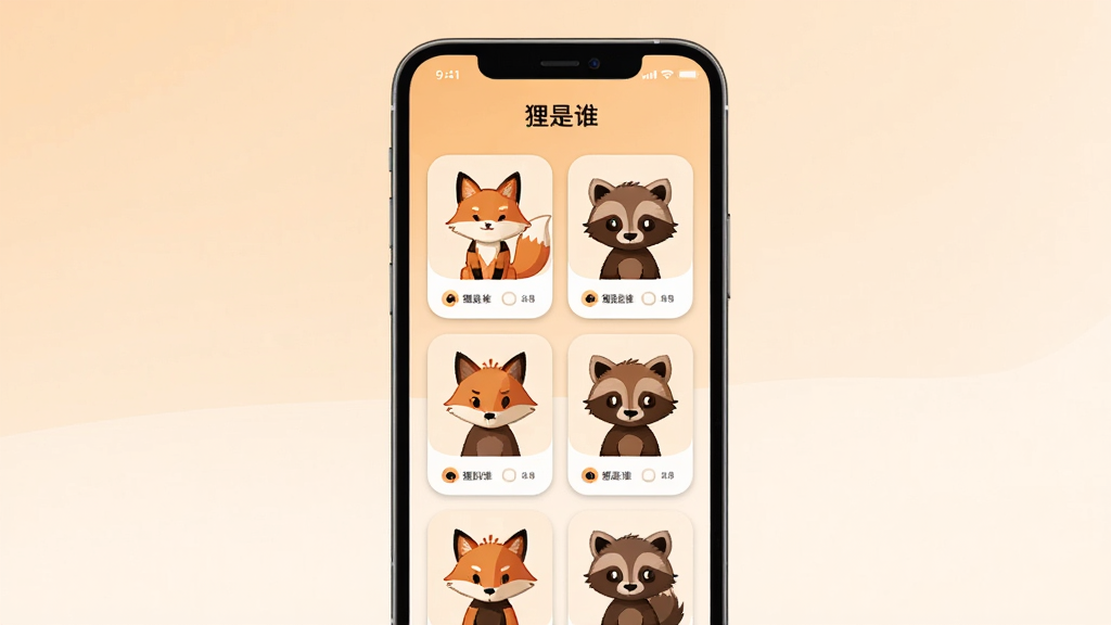 画面中央放置一部智能手机,手机屏幕显示“狸是谁”应用主界面,界面中有多只不同风格的狐狸与狸角色卡片,背景为浅橙色与米白色渐变,布局简洁居中,排版采用卡片网格样式,风格为扁平化卡通插画,细节包含圆角图标与柔和阴影,画质清晰,干净,无多余元素