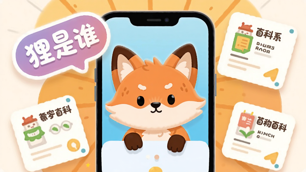 画面主体为一只卡通狐狸角色从手机屏幕中探出半个身子,周围漂浮着“狸是谁”文字标签与百科卡片,布局采用中心放射式排版,风格为活泼的扁平矢量插画,细节包含柔光边缘与圆润字体,画质清晰,干净,无多余元素