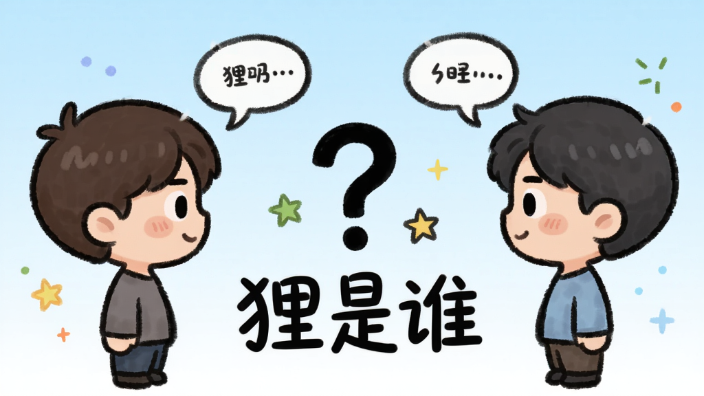 画面展示两个卡通人物面对面站立,中间悬浮一个问号与“狸是谁”标题,背景为淡蓝色渐变,布局左右对称,排版简洁,风格为Q版手绘风,细节包含对话气泡与星星点缀,画质清晰,干净,无多余元素