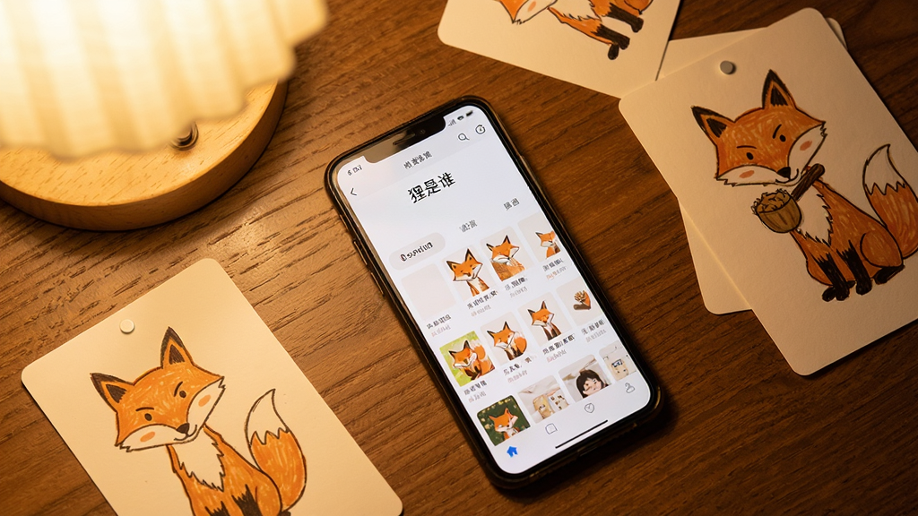 画面主体为一部手机平放在木桌上,屏幕显示“狸是谁”收藏页面,周围散落几张手绘狐狸卡片,布局采用俯视视角,排版自然随意,风格为温暖生活摄影风,细节包含柔和台灯光线,画质清晰,干净,无多余元素