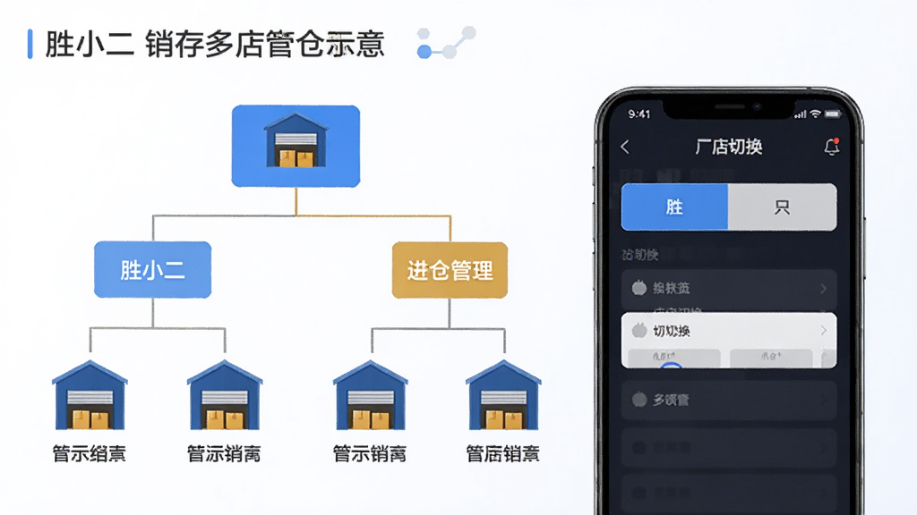 胜小二进销存多店多仓管理示意,画面展示一个组织架构树状图与多个仓库图标,手机上显示门店切换界面,风格信息图表化,布局整齐,细节清楚,画质高清,背景干净整洁,无多余元素