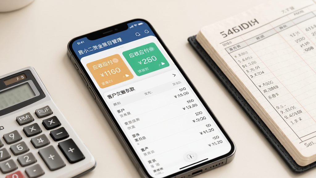 胜小二进销存资金账目管理界面,画面中一部手机展示往来对账页面,屏幕上有应收应付金额卡片与客户欠款列表,手机旁放置计算器与账本,背景为柔和米白色,风格简约商务,细节丰富,画质高清干净,无多余杂乱元素