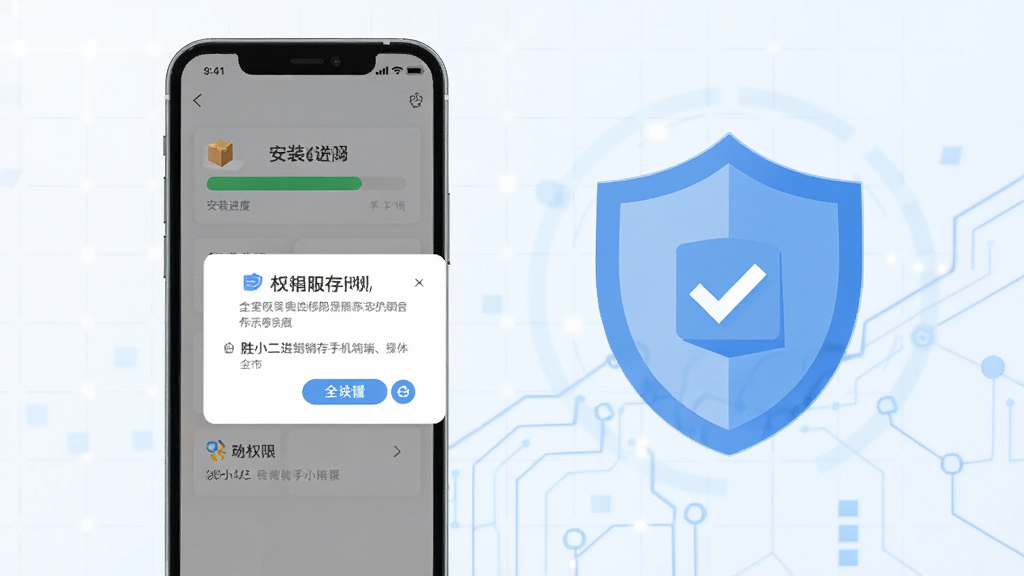 胜小二进销存手机端操作步骤示意图,画面中一部手机展示安装进度条与权限设置弹窗,旁边有盾牌图标代表安全提示,背景为浅色科技感网格,风格扁平化教程插图,细节清晰,画质高清,干净无多余元素