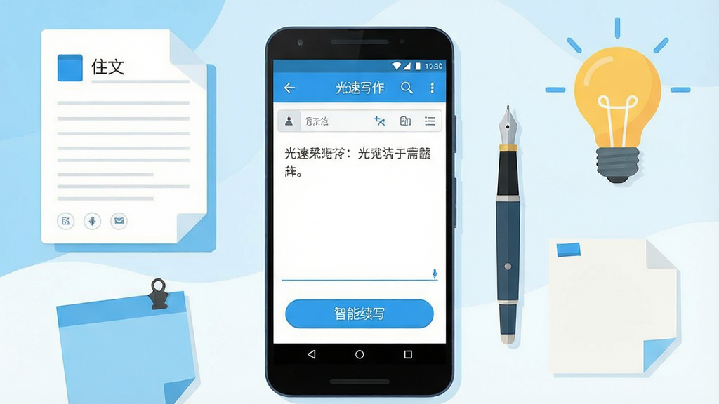 一张展示光速写作软件核心功能的全貌图,画面中央放置一部安卓手机,手机屏幕上显示光速写作的写作编辑界面,界面中有文字输入框和智能续写按钮,手机周围环绕着作文本、钢笔、便签纸和灯泡元素,整体采用明亮清新的蓝白配色,扁平化设计风格,布局简洁有序,画面干净无多余元素,高清画质,适合软件下载网站展示