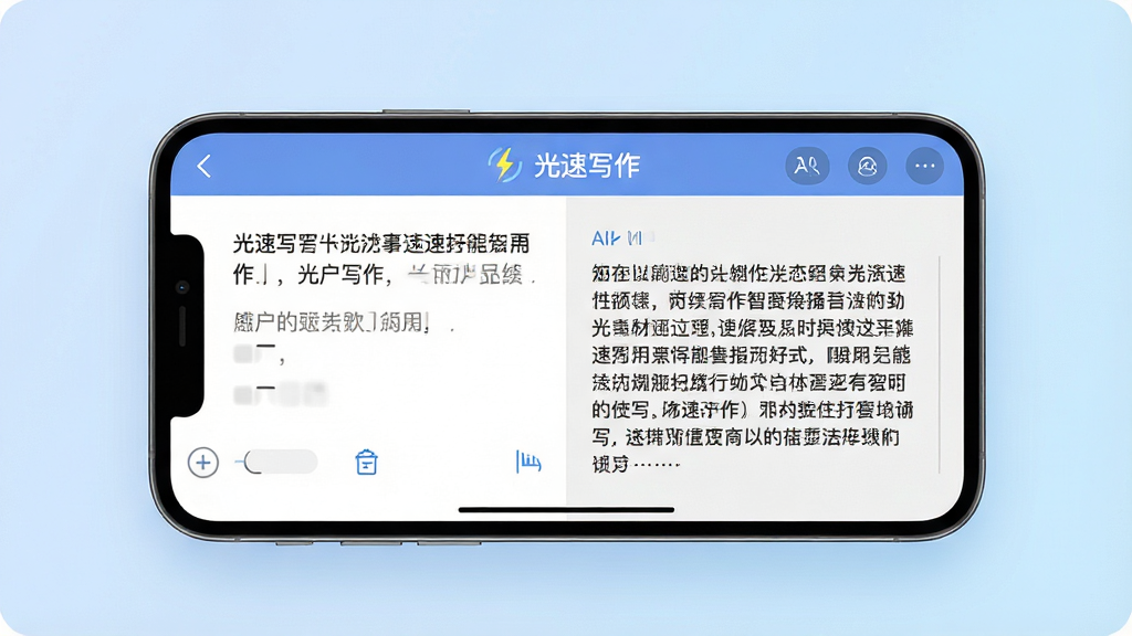 一张展示光速写作智能续写功能的场景图,画面中一部手机横放,屏幕显示光速写作的编辑界面,左侧是用户输入的文字,右侧是AI自动续写的段落,屏幕上方有光速写作的软件名称标识,背景是柔和的浅蓝色渐变,整体风格清爽简约,细节清晰,画质干净,无多余装饰元素