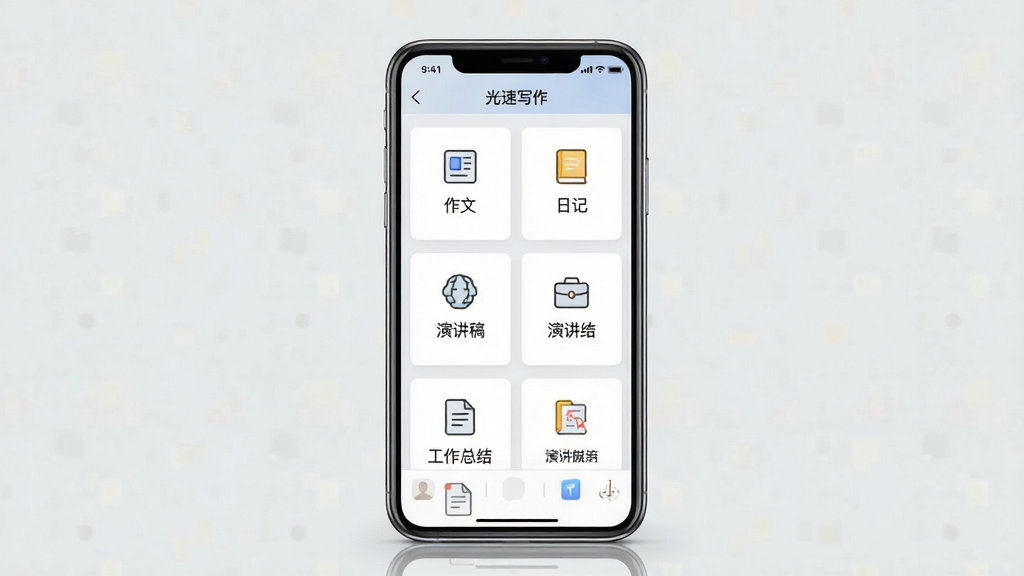 一张展示光速写作多场景模板的界面图,画面中一部手机竖屏显示光速写作的模板选择页面,页面上排列着作文、日记、演讲稿、工作总结等模板卡片,卡片上有对应的图标和文字说明,背景为浅灰色,整体风格简洁商务,排版整齐,画质清晰,干净无多余元素