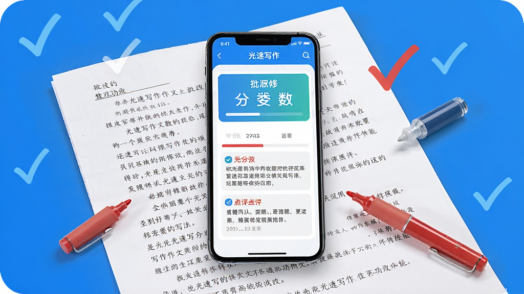 一张展示光速写作作文批改功能的图片,画面中央是一篇写满文字的作文纸,手机屏幕悬浮在作文纸上方,屏幕上显示光速写作的批改界面,有分数和点评文字,周围有红色批改笔和勾选标记,整体风格教育感强,布局清晰,蓝白配色,高清画质,干净无多余元素