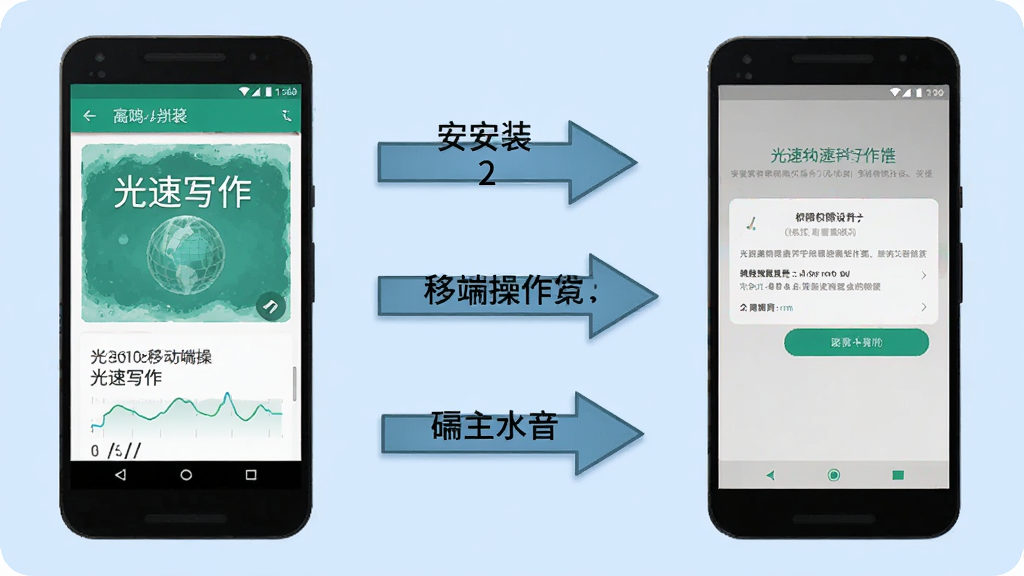 一张展示光速写作移动端操作步骤的示意图,画面中一部安卓手机显示光速写作的安装界面和权限设置页面,旁边有箭头标注操作顺序,背景为浅蓝色,整体风格教程感强,布局清晰,画质干净,无多余元素