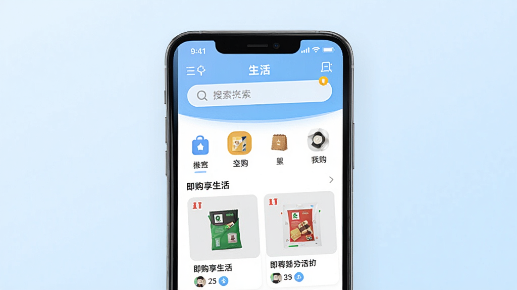 一张展示即购享生活应用主界面的手机预览图,画面中央是一部现代智能手机,屏幕显示即购享生活APP的首页布局,包含搜索栏、分类图标和商品推荐卡片,背景为柔和的浅蓝色渐变,风格简洁明快,细节清晰,画质干净,无多余元素,图片中文字为“即购享生活”