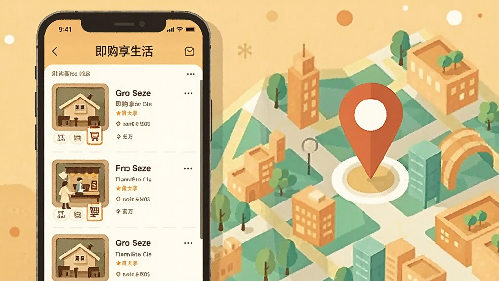 一幅展示即购享生活本地优惠功能的场景图,画面左侧为手机屏幕显示附近商家优惠列表,右侧为抽象化的城市地图与定位图标,风格扁平化插画,色彩温暖明亮,细节丰富,画质清晰,图中文字为“即购享生活”