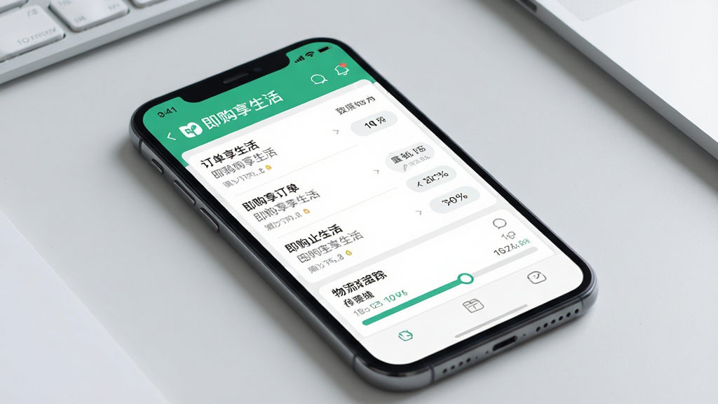 一张展示即购享生活订单管理界面的手机截图风格图片,画面中手机屏幕显示订单列表与物流追踪进度条,背景为淡灰色工作台面,风格商务简约,细节精致,画质干净,图中文字为“即购享生活”
