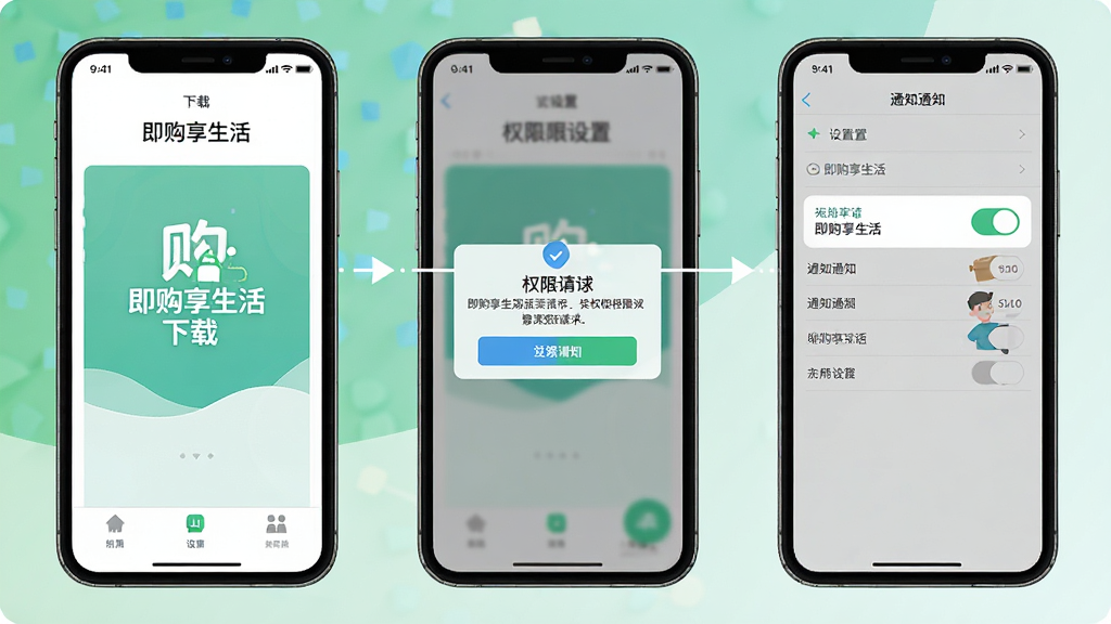 一张展示即购享生活安装与权限设置步骤的示意图,画面分为三个手机屏幕并列展示,分别显示下载页面、权限请求弹窗和设置中的通知开关,风格扁平化UI示意图,色彩清新,细节清晰,画质干净,图中文字为“即购享生活”