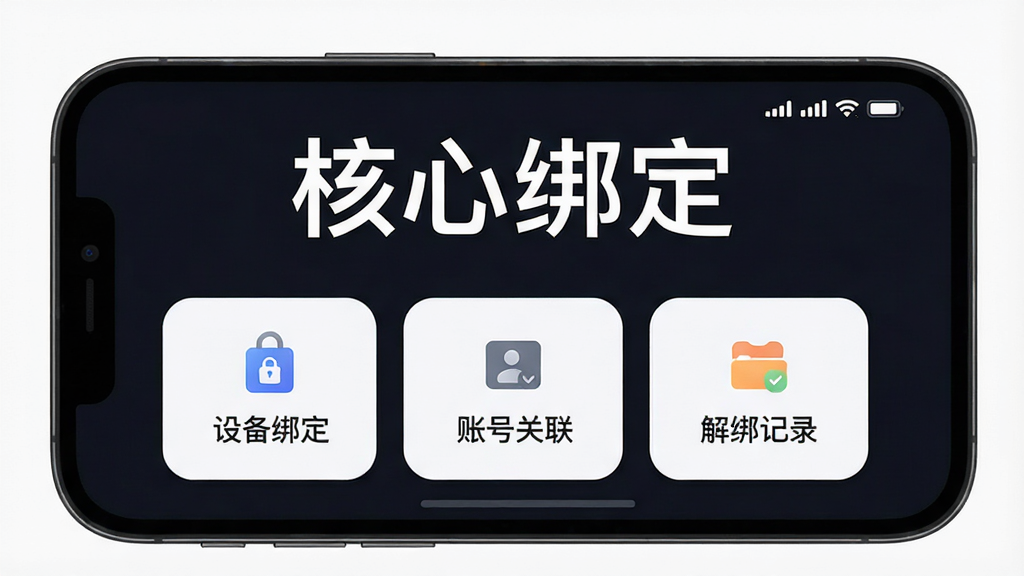 一张展示“核心绑定”软件主界面的手机截图风格图片,画面中央是深色背景的软件首页,顶部显示“核心绑定”四个白色中文字,下方排列着“设备绑定”“账号关联”“解绑记录”三个功能卡片,卡片圆角设计,整体布局简洁清晰,UI风格现代科技感,画质清晰,干净无多余元素