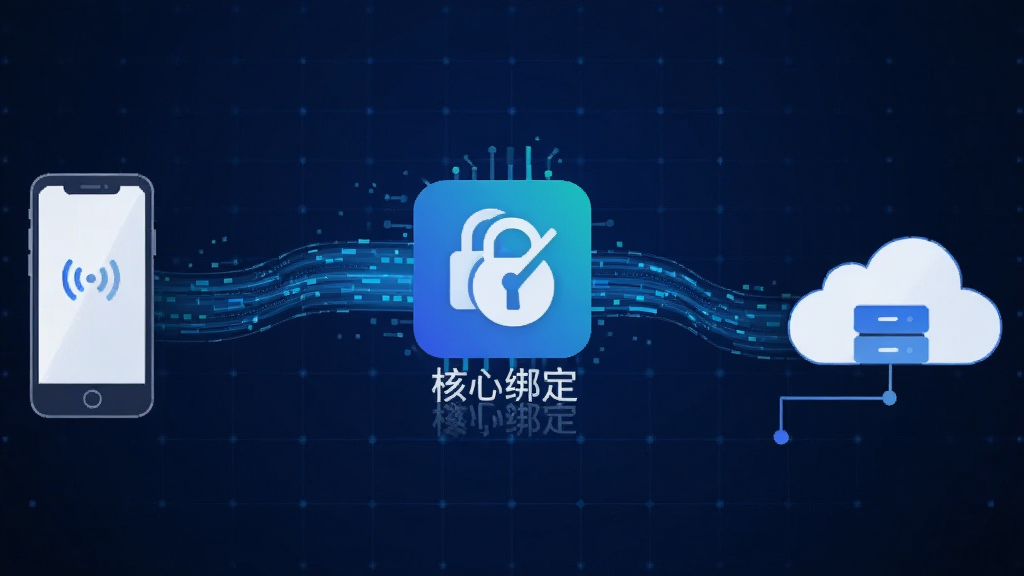 一张科技感的数据同步示意图,画面中央是“核心绑定”的软件图标,图标两侧分别连接手机与云端服务器图标,之间有蓝色数据流线条流动,背景为深蓝色科技网格,画面简洁,画质清晰,无多余元素