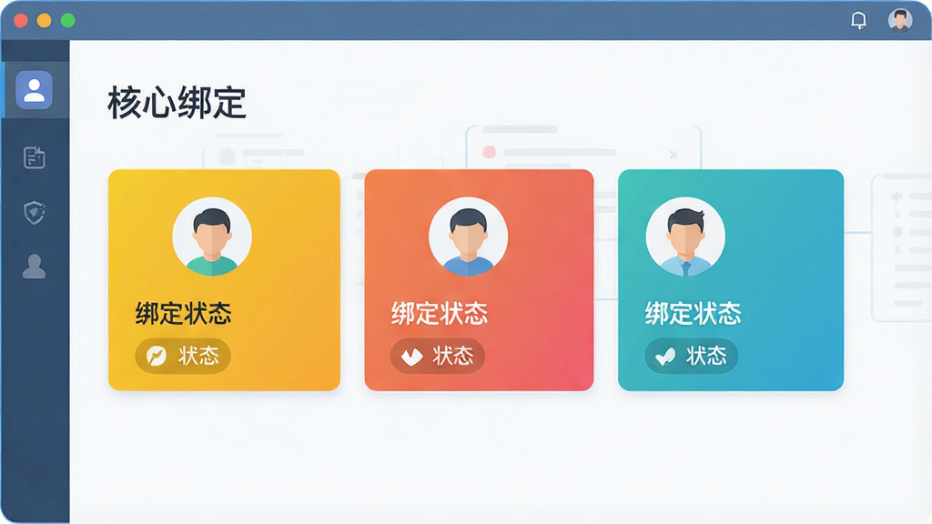 一张扁平化设计风格图片,画面展示“核心绑定”软件的多账号管理界面,屏幕上有三个不同颜色的账号卡片并列排列,每个卡片上有头像图标和绑定状态标识,整体布局整齐,风格清新,画质清晰