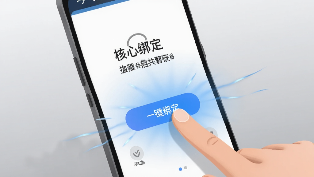 一张AI生成的插画风格图片,画面中一部安卓手机屏幕显示“核心绑定”软件界面,一只手正点击屏幕上的“一键绑定”按钮,按钮周围有蓝色光效扩散,背景是简洁的浅灰色渐变,画面干净,风格现代,画质清晰