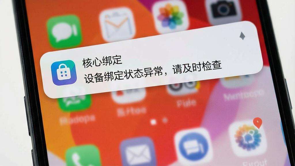 一张展示手机通知栏提醒的图片,画面中安卓手机屏幕顶部弹出“核心绑定”的通知消息,内容为“设备绑定状态异常,请及时检查”,通知图标为软件logo,背景是手机桌面,画面干净,画质清晰