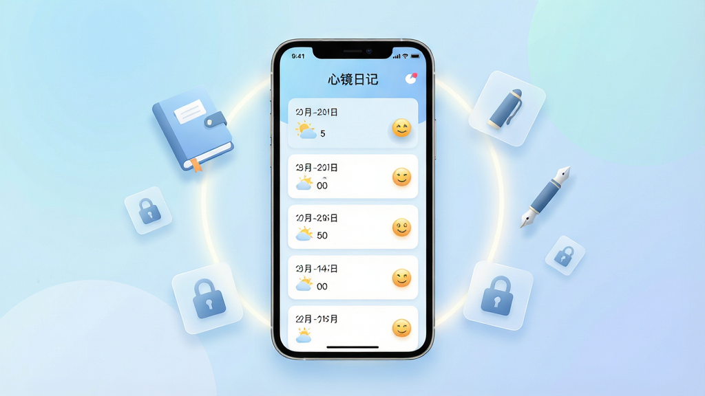 һ��չʾ�ľ��ռ��ֻ�Ӧ��������ĸ���ͼ������������һ�����������ֻ�����Ļ����ʾ���ľ��ռǵ��ռ��б����棬���������¼�Լ����ǳ��ɫ�Ͱ�ɫΪ��ɫ�����б���������ڡ�����ͼ���������飬�ֻ���Χ��������͵Ĺ�����Ư�����ռǱ����ֱʡ�����ͼ�꣬���岼�־��ж��룬���Ϊ�ִ���ƽ��UI��ƣ�ϸ�ڰ���ϸ���ͼ����Ӱ����͸��ĥɰ����Ч������͵Ľ��䱳�������ʸ��壬����ɾ����޶���Ԫ�أ�ͼƬ������Ϊ���ľ��ռǡ�