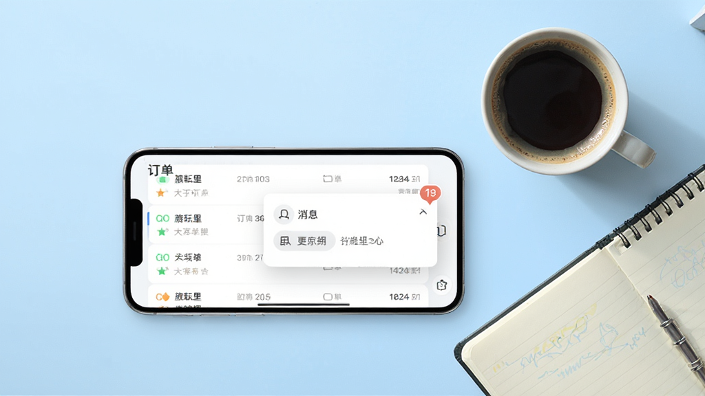 旌耘里商家版应用界面展示图,画面中一部手机横屏放置,屏幕内展示订单列表和消息提醒弹窗,背景为浅蓝色渐变,手机旁边放置着一杯咖啡和一本记事本,布局采用俯视角度,风格为简约产品展示,细节包括清晰的订单状态标签和数字角标,画质高清,干净,无多余元素