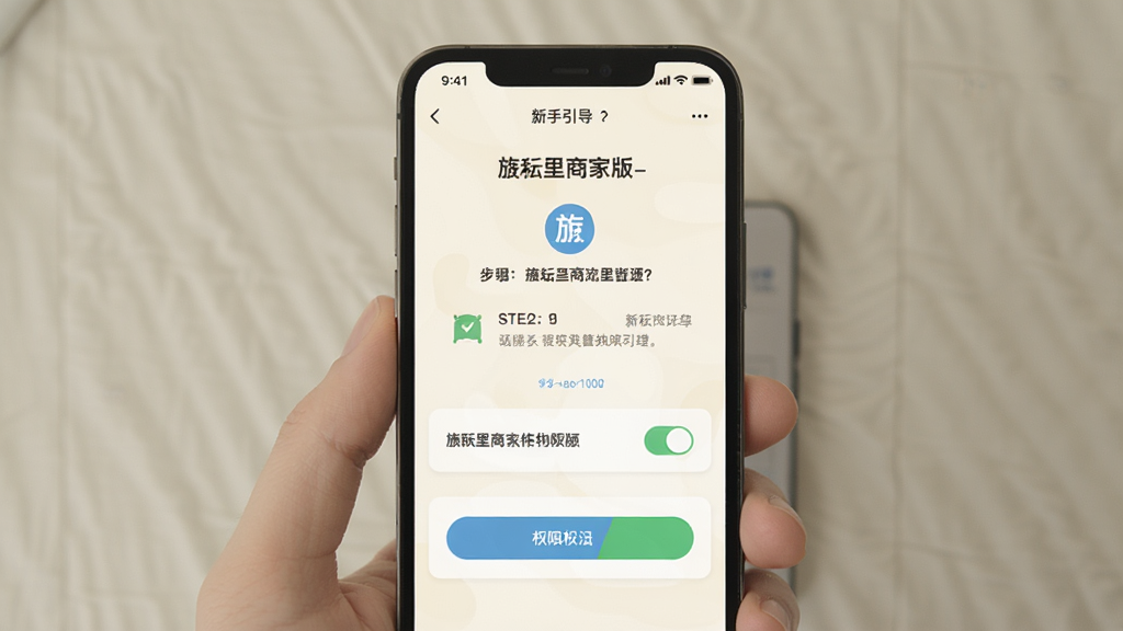 一张手机屏幕截图风格的图片,展示旌耘里商家版的新手引导页面,画面中手机界面显示步骤提示和权限开关按钮,背景为柔和的米白色,布局为居中展示,风格为扁平化UI设计,细节包括清晰的文字说明和图标,画质干净,无多余元素