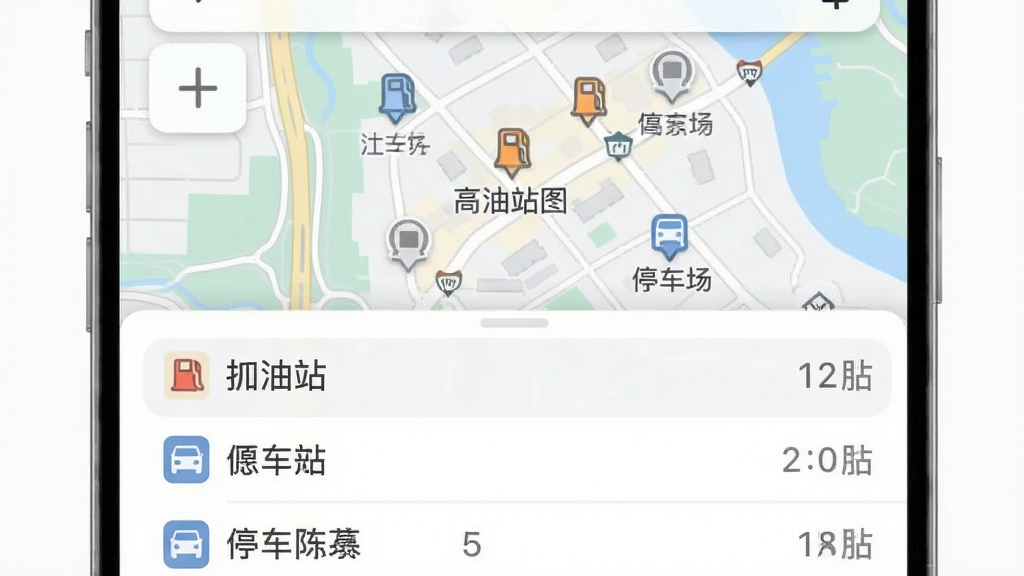 高峰地图导航周边搜索功能界面,地图上显示多个兴趣点图标,下方列表展示加油站、停车场等地点名称和距离,配色柔和,布局清晰,画质干净无杂乱元素