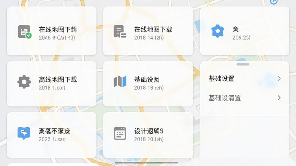高峰地图导航设置页面截图,展示离线地图下载管理和基础设置选项,界面采用卡片式布局,浅色背景,图标简洁,画质清晰,无多余装饰