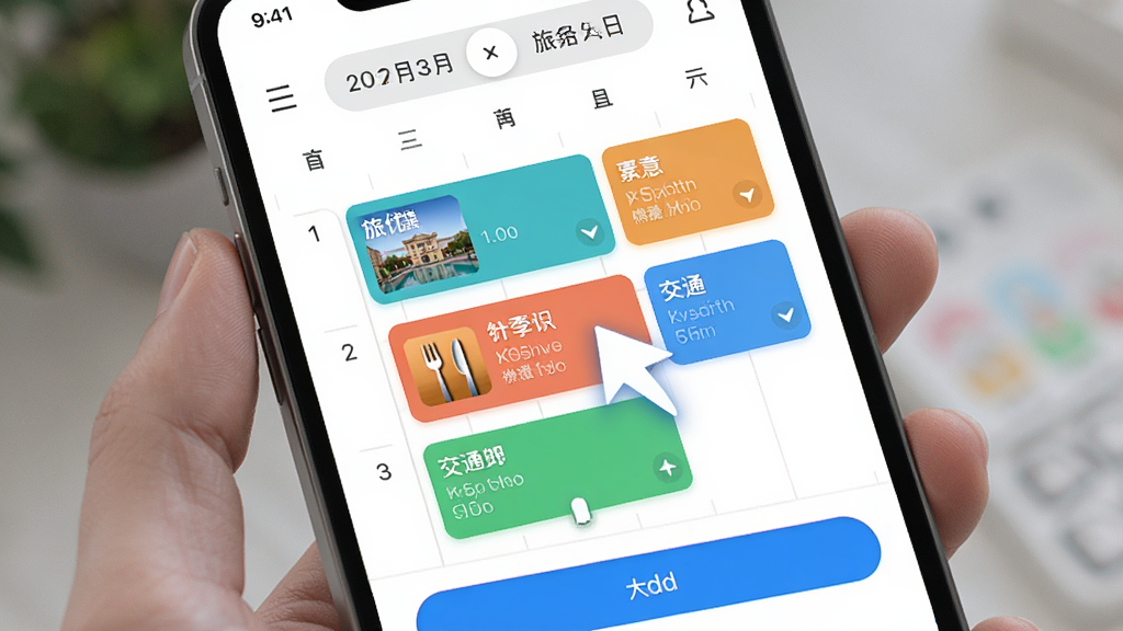 旅优智能行程编排功能界面,手机屏幕中显示日历式行程表,不同颜色的卡片代表景点、餐饮和交通,有拖拽调整的动画效果,背景为白色,风格清新,细节包括顶部日期切换栏和底部添加按钮,画质高清,干净,无多余元素