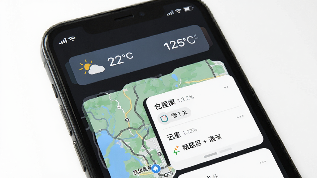 旅优离线行程与提醒功能,手机屏幕中显示离线地图和行程卡片,顶部有天气提醒横幅,背景为深色模式,风格沉稳,细节包括信号图标和电池图标,画质高清,干净,无多余元素